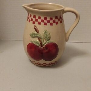Vintage-Inspired Cream Ceramic Pitcher with Red Apple Motif